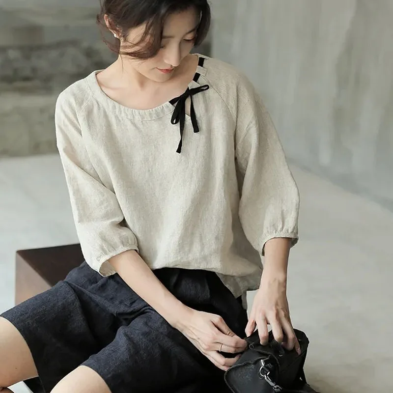New Cotton and Linen Lady Vintage Contrasting Colors All-match Short Sleeved Tops Frenulum Large Size Casual T-shirtYY3