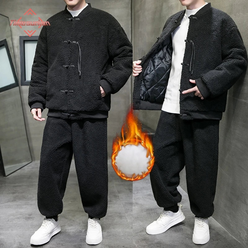 Men's Thickened Lamb Wool Two-Piece Set Chinese Style Winter Jacket Male Gown Outerwear Cotton Clothes New Arrival