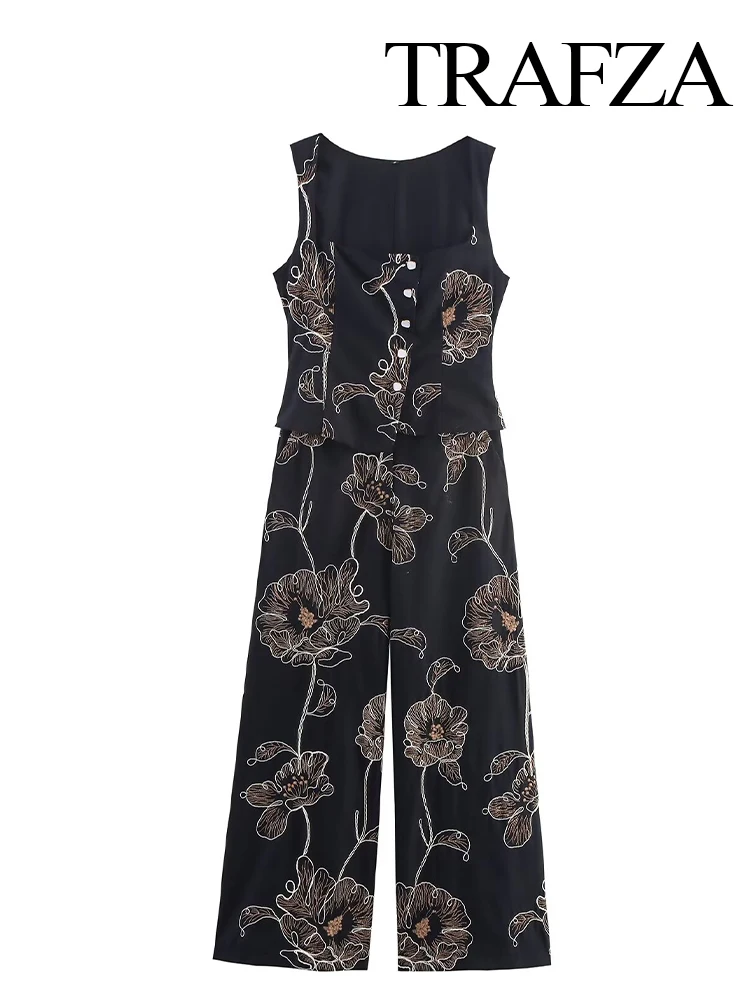 

TRAFZA Woman New Fashion Casual Side Pocket Zipper Long Jumpsuits Women Single-Breasted Flower Embroidered Decoration Jumpsuits