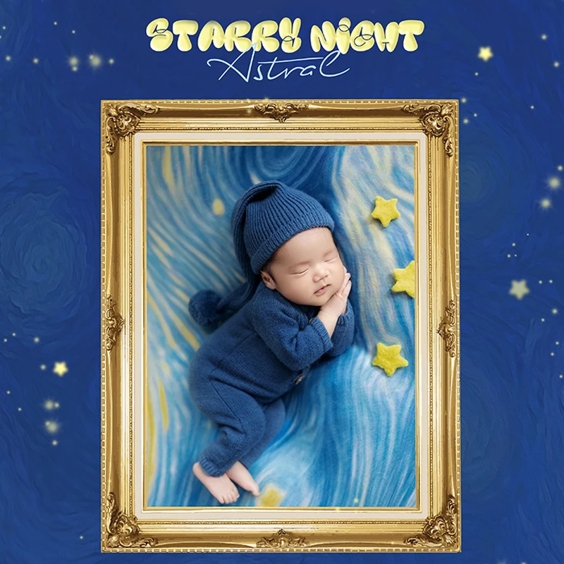 Newborn Photography Props Wool Knitted Hat Jumpsuit Set Baby Shoot Outfit Van Gogh Starry Sky Background Blanket Star Moon Prop