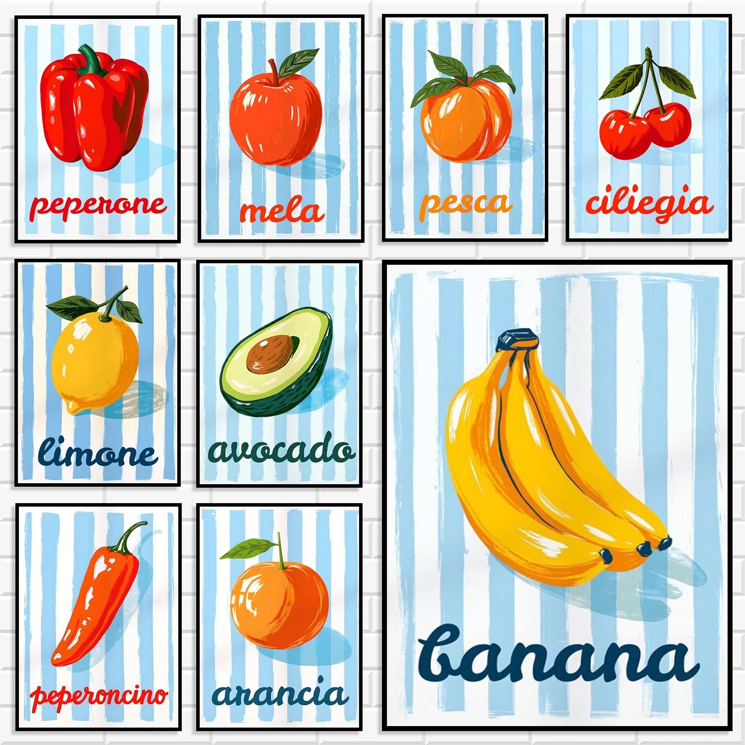 1pc frameless Canvas Painting Italian Retro Striped Fruit Canvas Wall Art Set Colorful Pepper Vegetable Print Poster Fruit Text