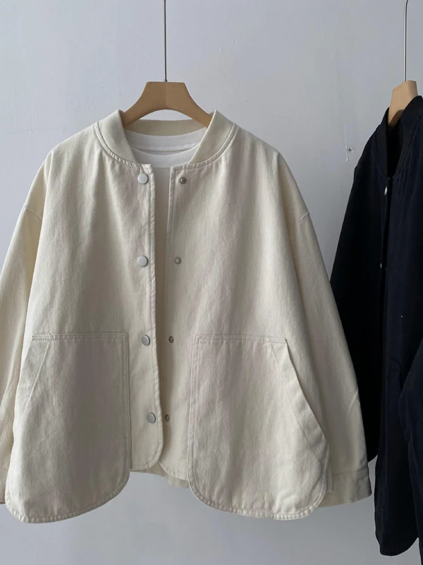 Loose Fit Cotton Baseball Jacket Short Style Stand Collar Women's Outerwear Spring Autumn plus Size Slimming Design