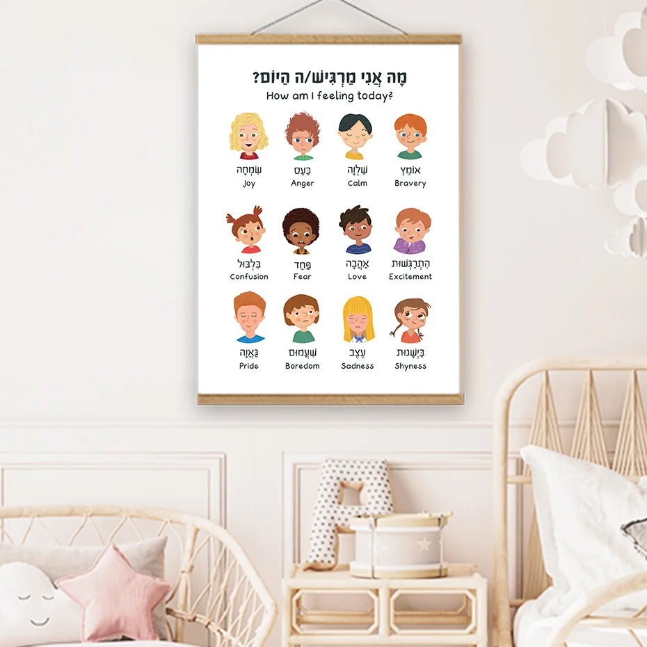 

Hebrew English Mood Weather Learn Wall Art Classroom Children Jewish Kid Room Canva Nursery Painting Print Picture Wall Decor