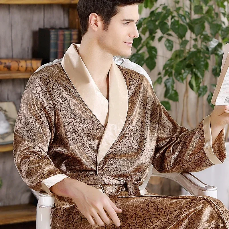 

Men Bath Robe Satin Print Gold Kimono Bathrobe Silk Long Dressing Gown Plus Size Sleepwear Geometric Lounge Nightgown XL 4XL 5XL
