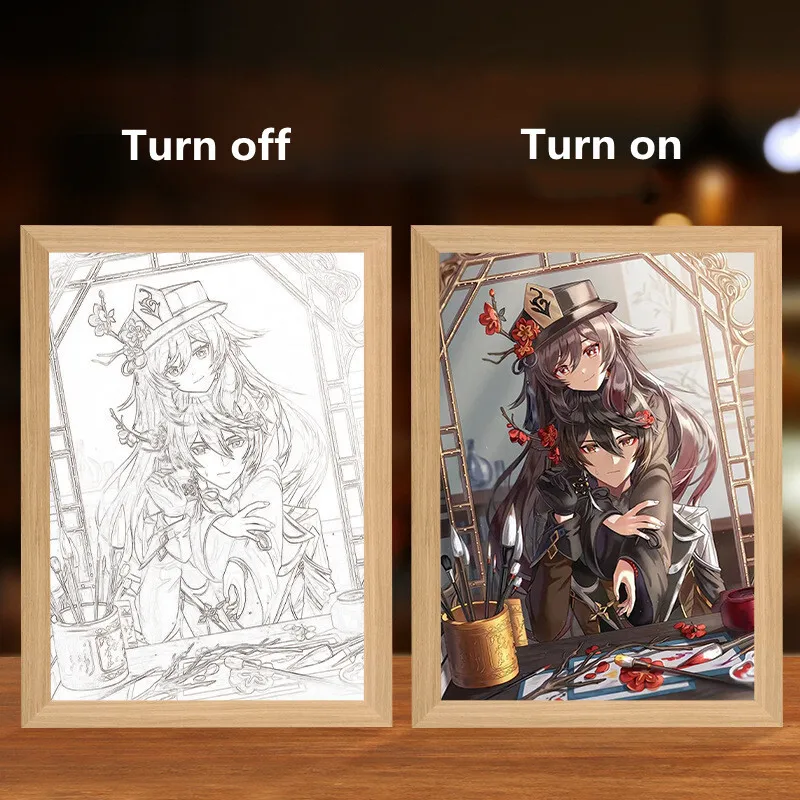 Genshin Impact Figure LED Light Painting with Frame Furina Hu Tao Wanderer Anime Poster Wall Art Room Decor Desk Night Lamp