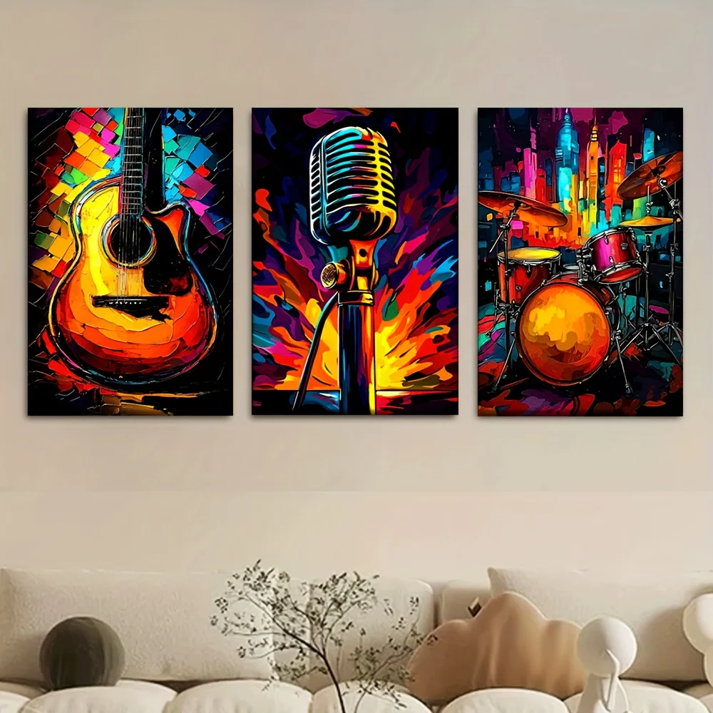 2D 3pcs/Set, Canvas Painting--Unframed, Neon Musical Instruments, Artist Drawing Set, Living Room, Library, Office, Cafe, Bar