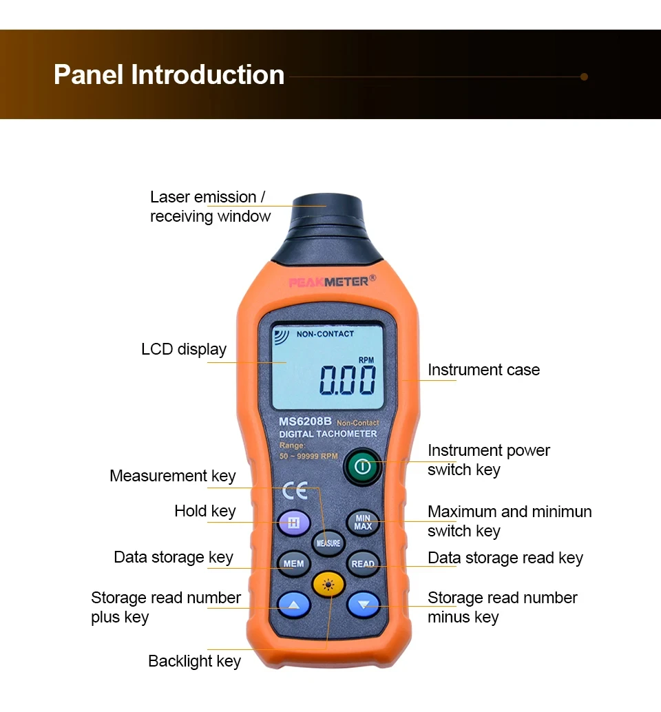 PM6208B High Pressional Non-Contact Digital Tachometer Rpm Speed Meter 50~99999RPM Max Speed Meter Rotation Tester