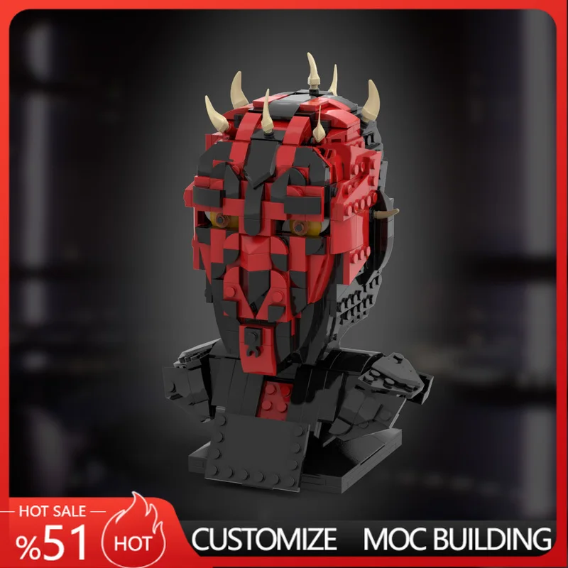 

592PCS Red Black Demon Warrior Helmet Sci-Fi Character Head Model Custom Puzzle DIY Assembly Creative Building Blocks Collection
