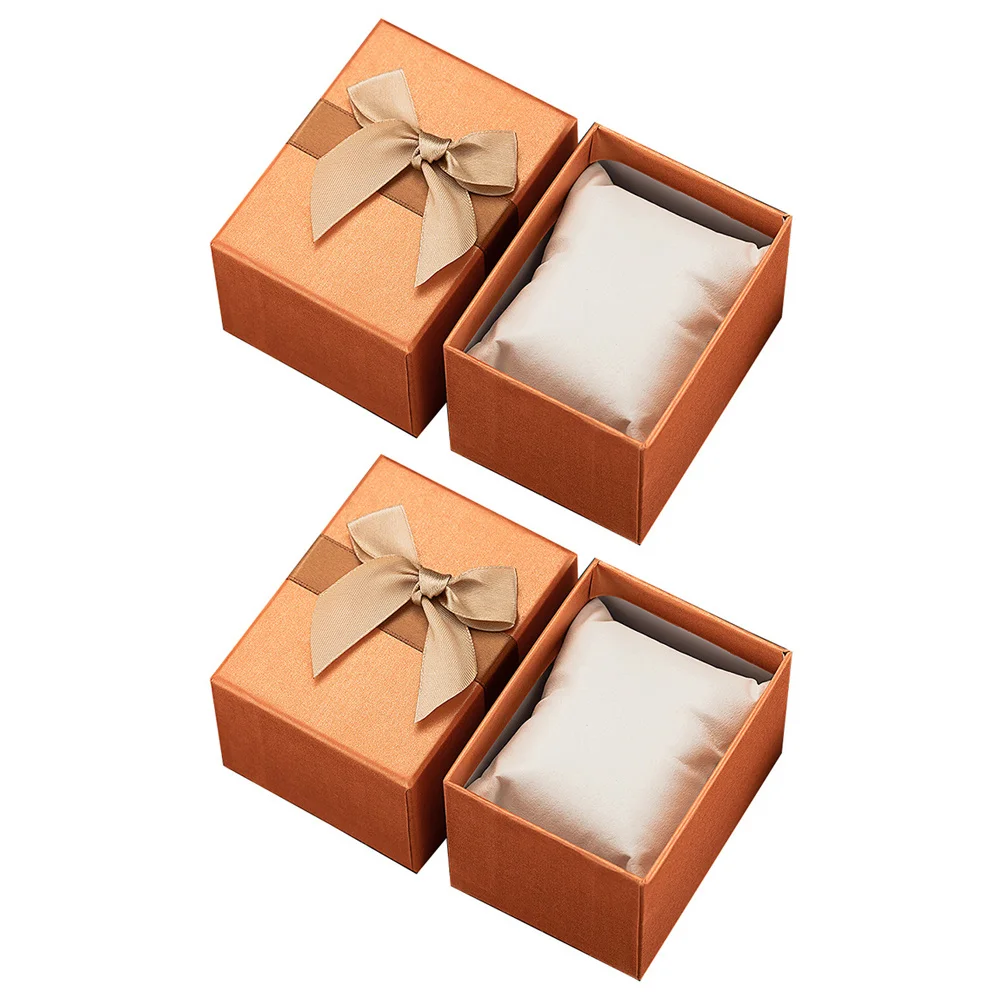 

2Pcs Orange Bowknot Gift Box Decorative Jewelry Holder Storage Case Watch Container Present Box Gift Storage Case