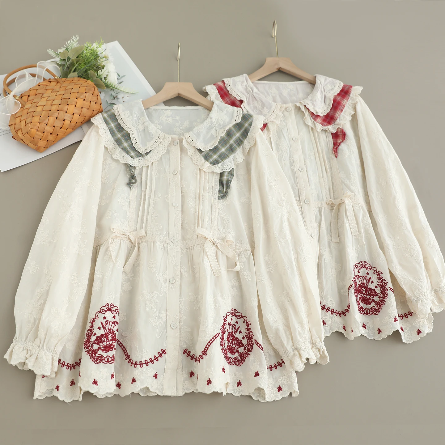 

Japanese Mori Girl Vintage Plaid Embroidery Patchwork Cotton Shirts Women Autumn Peter Pan Collar Long Sleeve Casual Blouse Tops