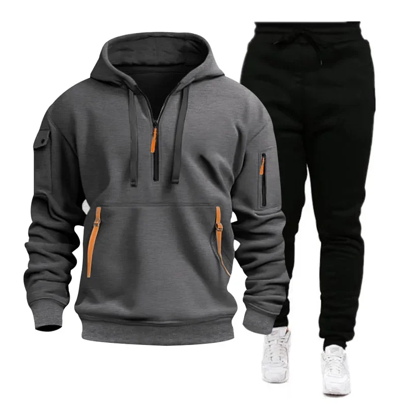 O novo conjunto masculino de 2025 apresenta roupas superiores e inferiores confortáveis e de alta qualidade, roupas esportivas com zíper com vários bolsos para homens, s