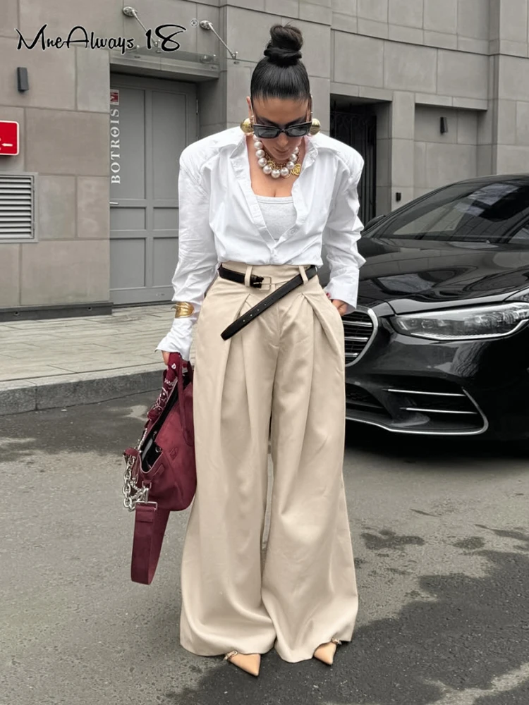 Mnealways18 Khaki Pleated Women Wide Legs Pants Causal High Waist Baggy Trousers Autumn Winter Office Ladies Palazzo Pants 2024