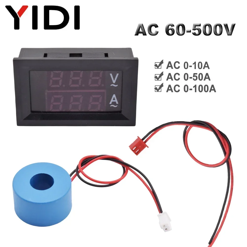 0.56 Inch DC 0-100V AC 60-500V LED Digital Display Ammeter Voltmeter 1A 10A 50A 100A Current Voltage Tester Detector Meter