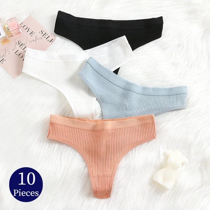 10PCS Women\'s Panties Set Simple Striped Thongs Female Cotton Underwear Sexy Lingerie Comfortable Sports G-Strings Underpants