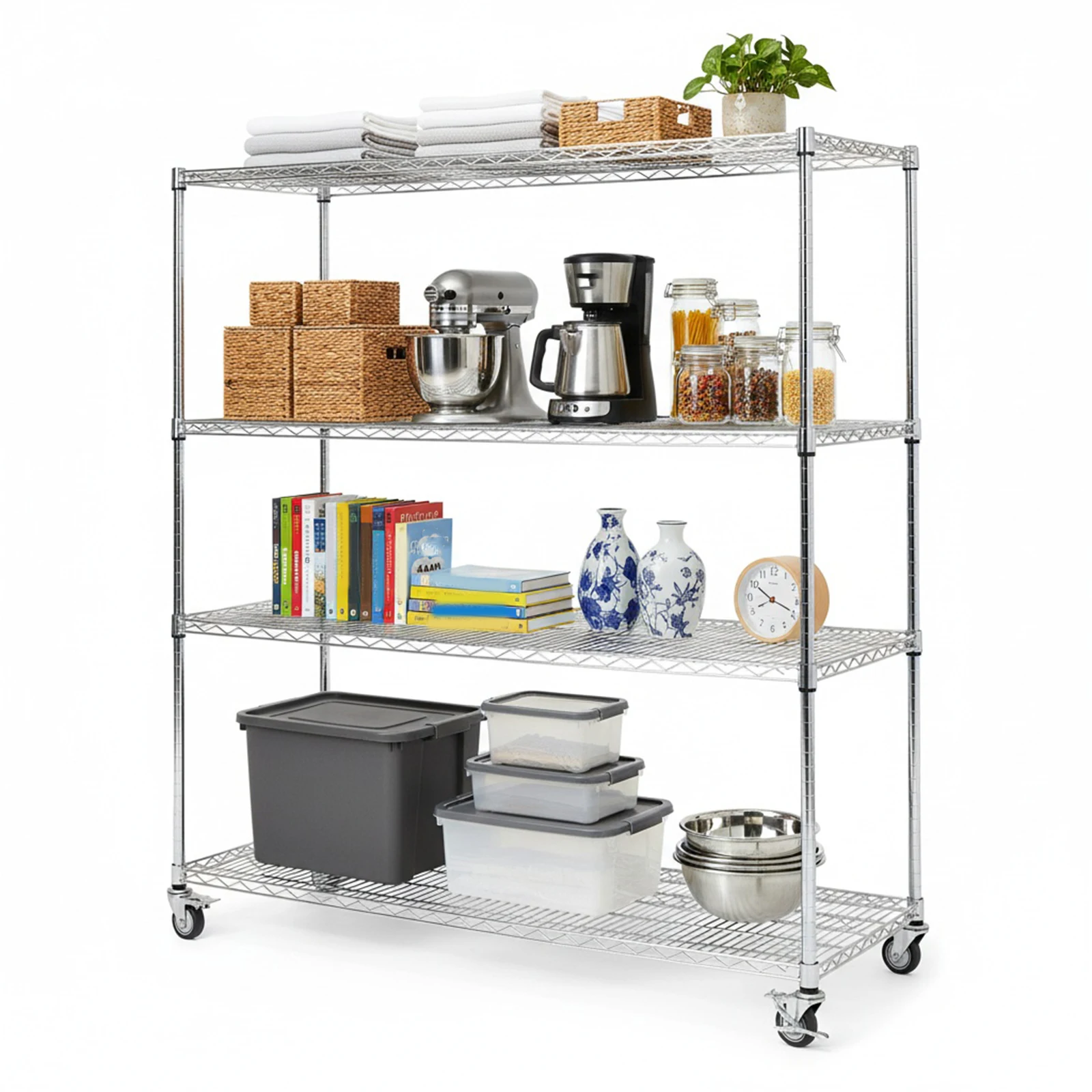 

5-ярусный металлический стеллаж на колесах 70.87x59.76x23.98 дюймов для склада, гаража, больницы, коммерческих помещений