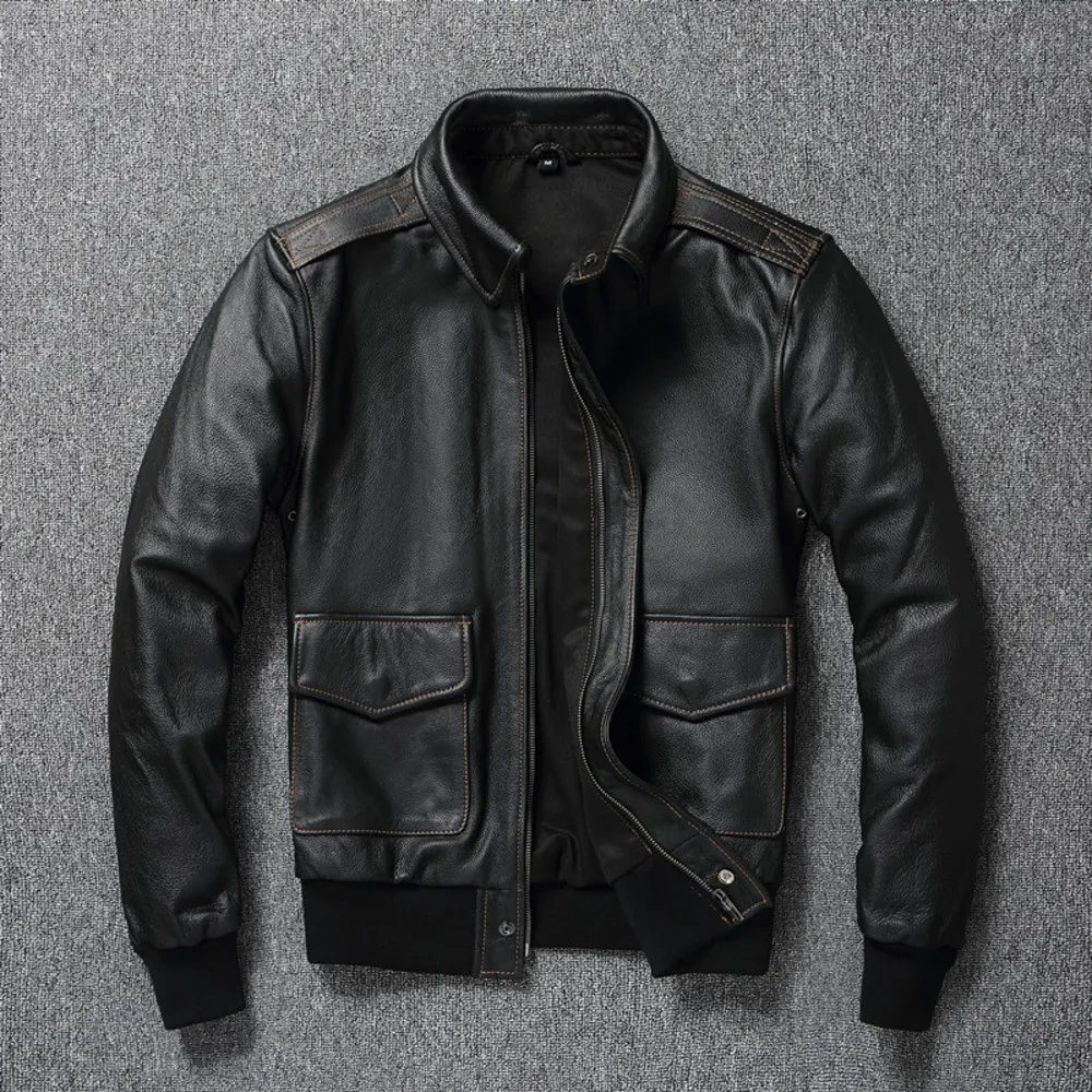 

ship.Classic Free Air force A2 style men genuine jacket.father's cowhide coat.black plus size casual leather cloth.