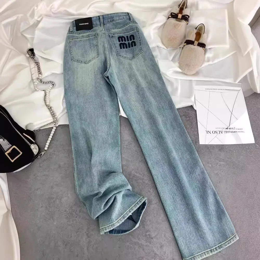 2024 Spring New High Waist Slimming Loose Light Color Straight leg Pants Embroidered Letter Narrow Edition Jeans for Women