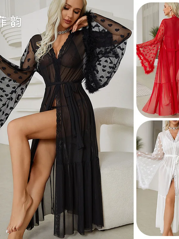 Sexy Mesh Nightgown Seductive Cardigan Women Bathrobe Home Outerwear Dress Elegant Flower Fashion Loose Casual Women ZP7F