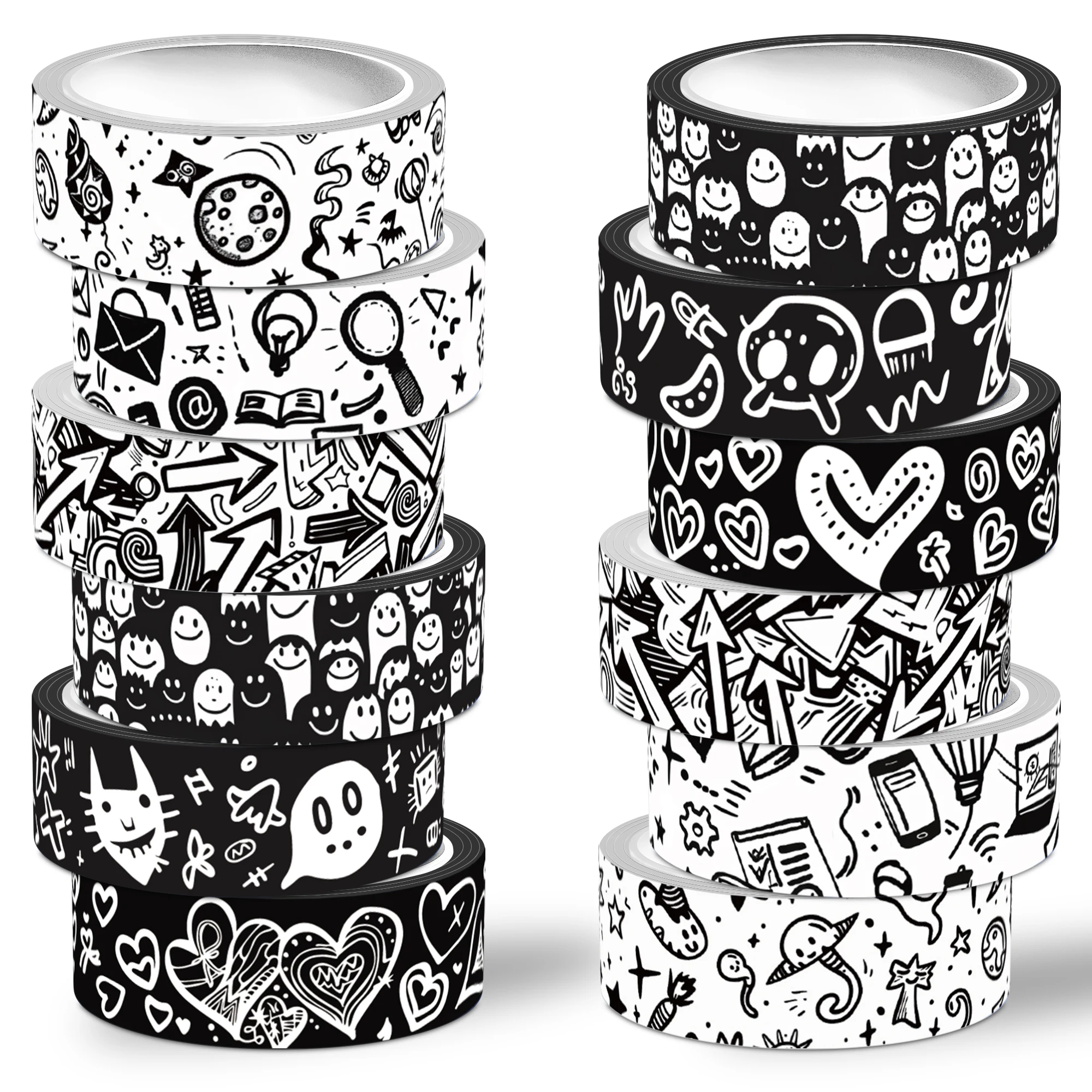 NIKOMIE Preto e Branco Washi Tape Set, Fita Decorativa Graffiti, Fita Adesiva Doodle para Journaling Supplies, 6 Design, 12 Rolos