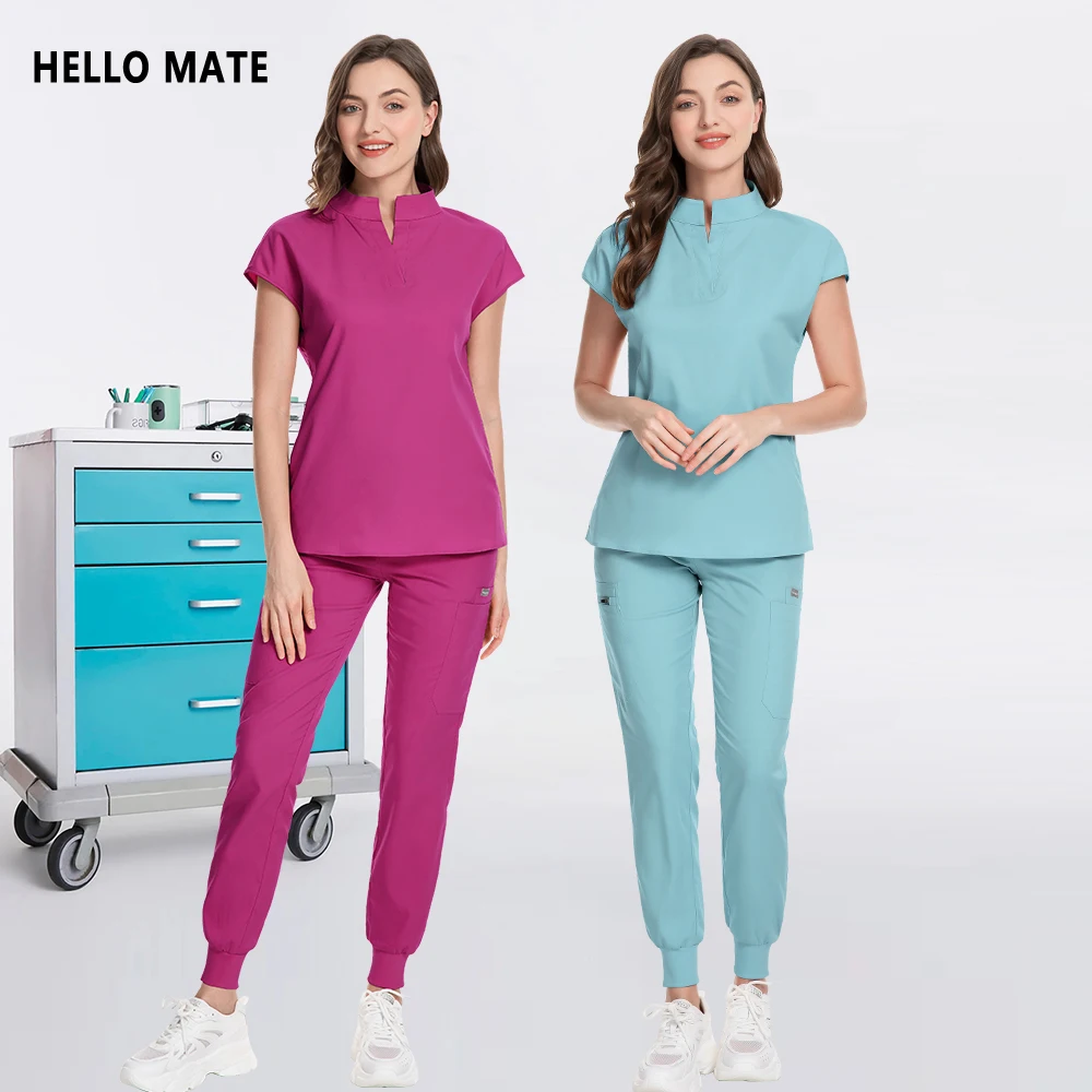 

High Quality Dentist Nurse Uniforme Beautician Modern Fashion Workwear Medical Surgical Scrubs Set Women Pockets Top and Pants