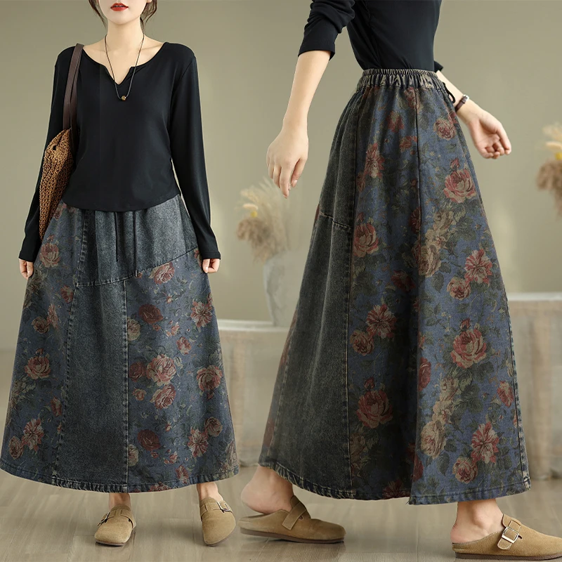 

Свободная джинсовая юбка в стиле ретро с эластичной резинкой на талии, повседневная лоскутная юбка-зонтик с принтом f длиной для женщин, хлопковая юбка Ciwalk Po...