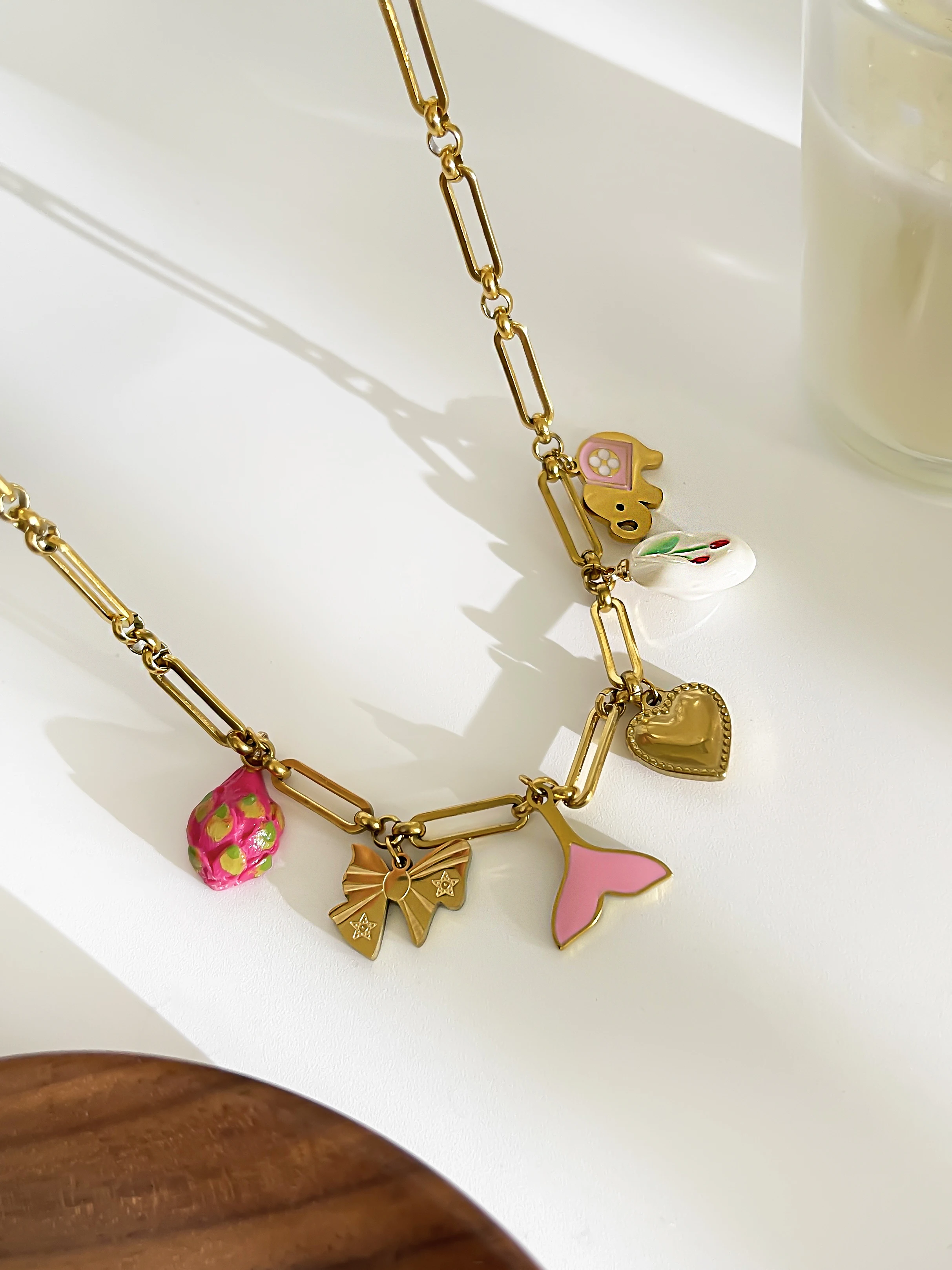 GHIDBK New Fashion Stainless Steel Handmade Daily Jewelry Women Dainty Cute Heart Bowknot Elephant Fish Tail Pendant Necklace
