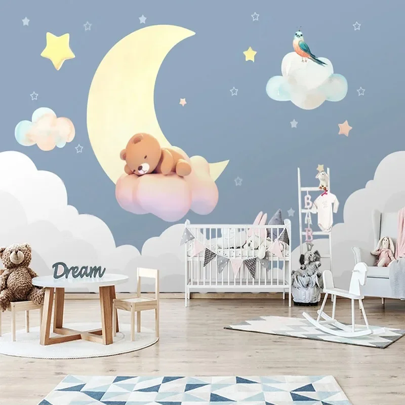 Personalizado 3D moderno Simple nórdico dibujado a mano Oso De dibujos animados Luna cielo fondo para habitación De niños Papel De pared Tapety Fresco