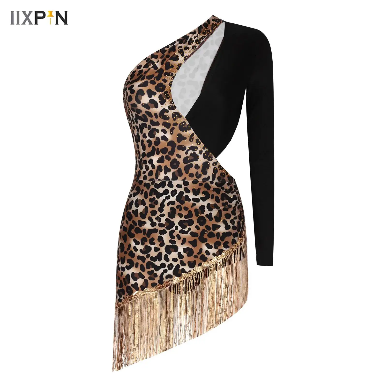 

Women Leopard Print Latin Dance Dress Rhinestones One Shoulder Long Sleeve Waist Side Cut Sequins Tassel Leotard Dress ChaCha