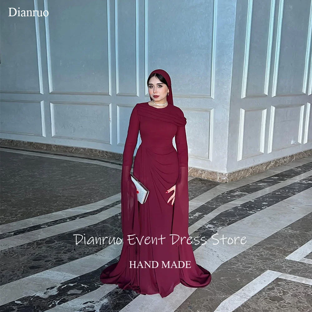 Dianruo Burgund O-ansatz Abendkleid Falten Meerjungfrau Abendkleid Modest Bodenlangen Muslimischen Chiffon Hochzeit Party Kleid Angepasst