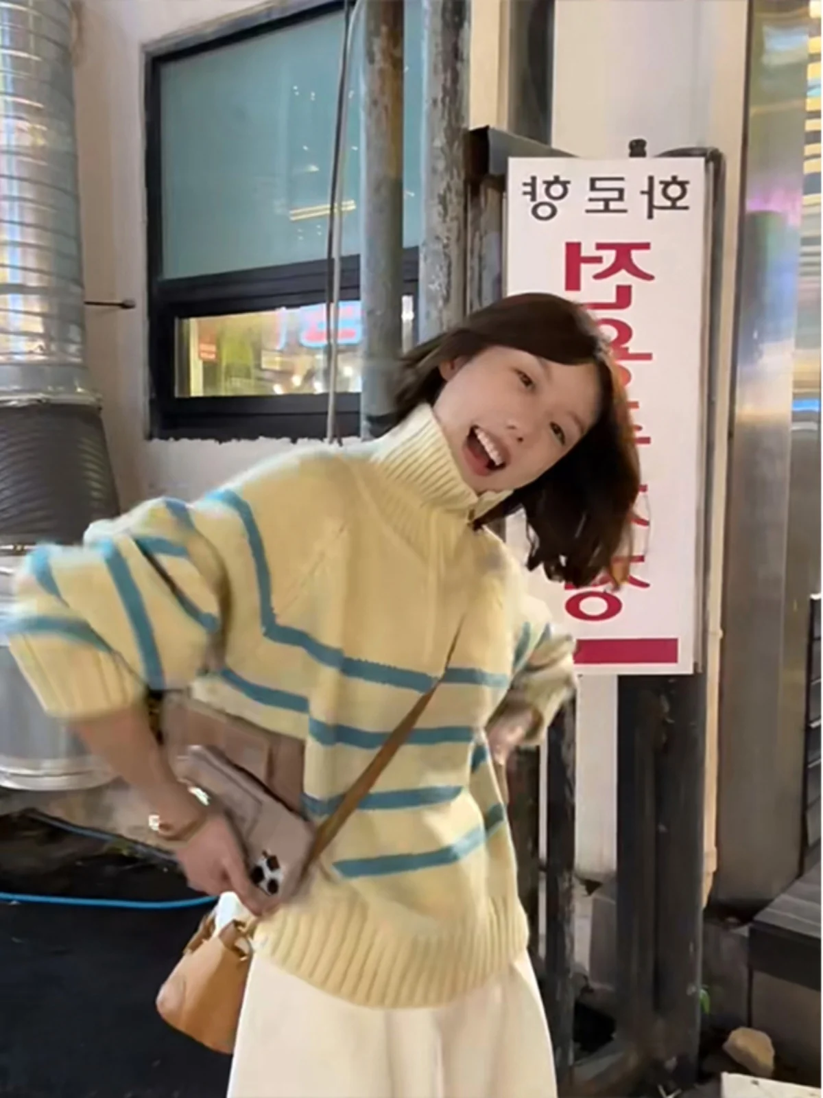 هونج كونج Sle مخطط عالية الياقة سترة المرأة الخريف الشتاء فوفو محبوك أعلى f سستة فضفاضة تناسب طويلة Sve شريط