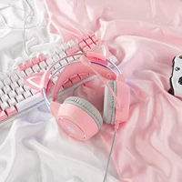 ONIKUMA-auriculares para videojuegos con orejas de gato extraíbles, color rosa, con cable, luz RGB, cancelación de ruido, micrófono, estéreo, para PC, PS4