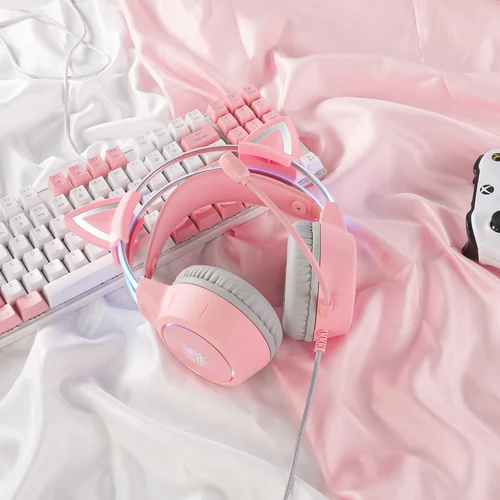 Imagen 1 del producto ONIKUMA-auriculares para videojuegos con orejas de gato extraíbles, color rosa, con cable, luz RGB, cancelación de ruido, micrófono, estéreo, para PC, PS4
