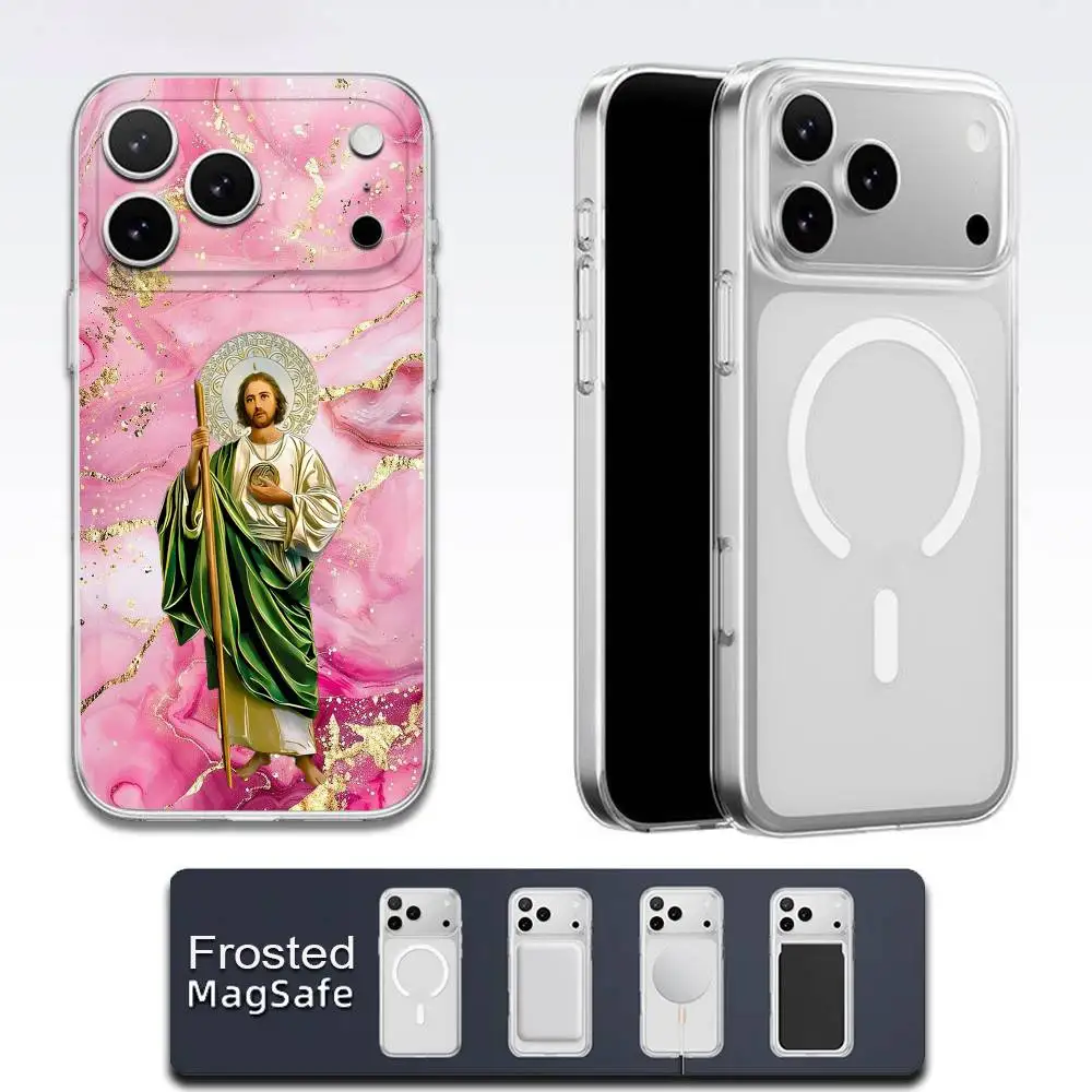 Custodia per telefono Marble San Judas Tadeo per iPhone 17,16,15,14,13,12,11,Pro,Max,Plus,E,Air,Mini Magsafe satinato trasparente