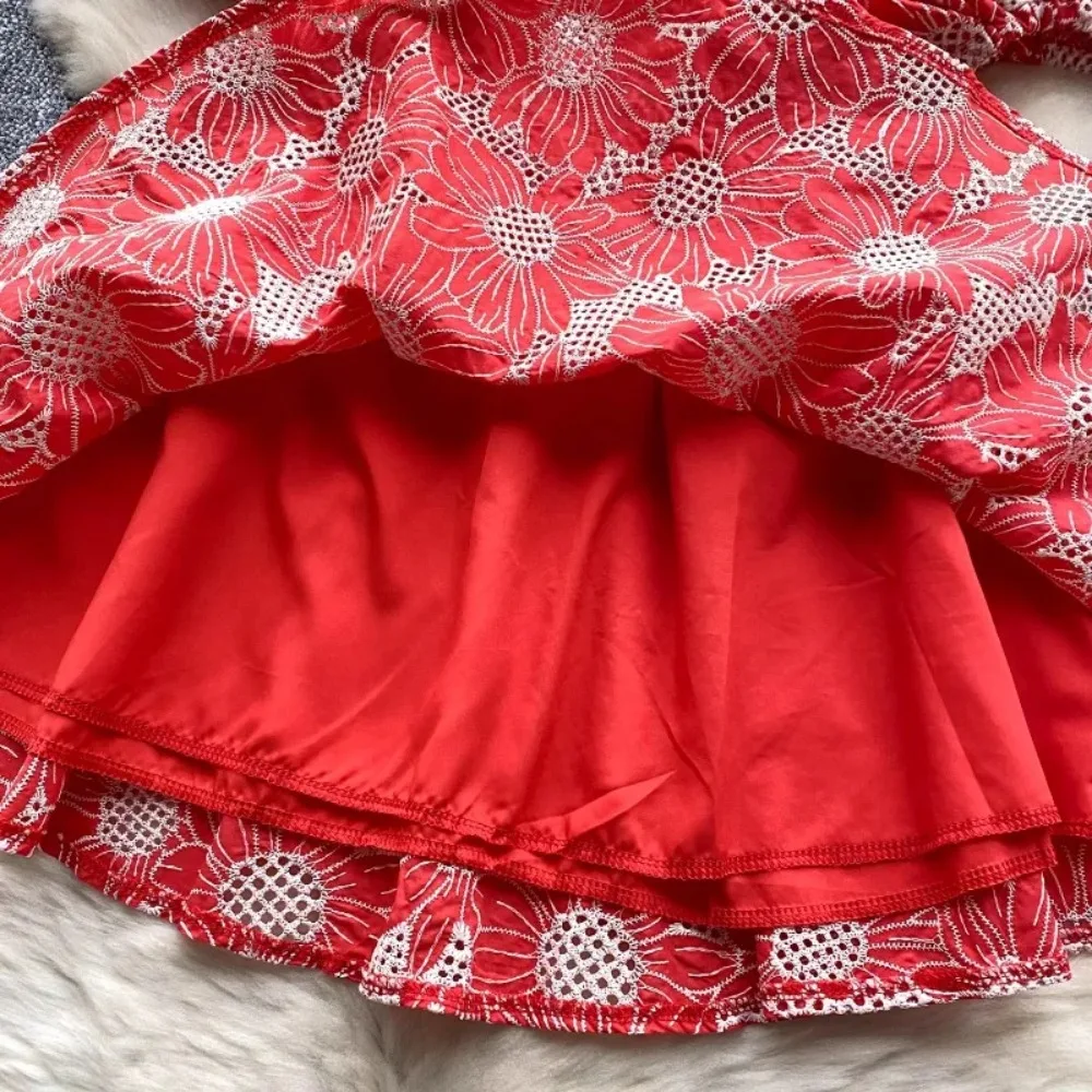 Retro V Neck Lantern Short Sleeves Embroidered Print Elegant Summer Slim Dresses A-line French Vacation Print Women Clothing