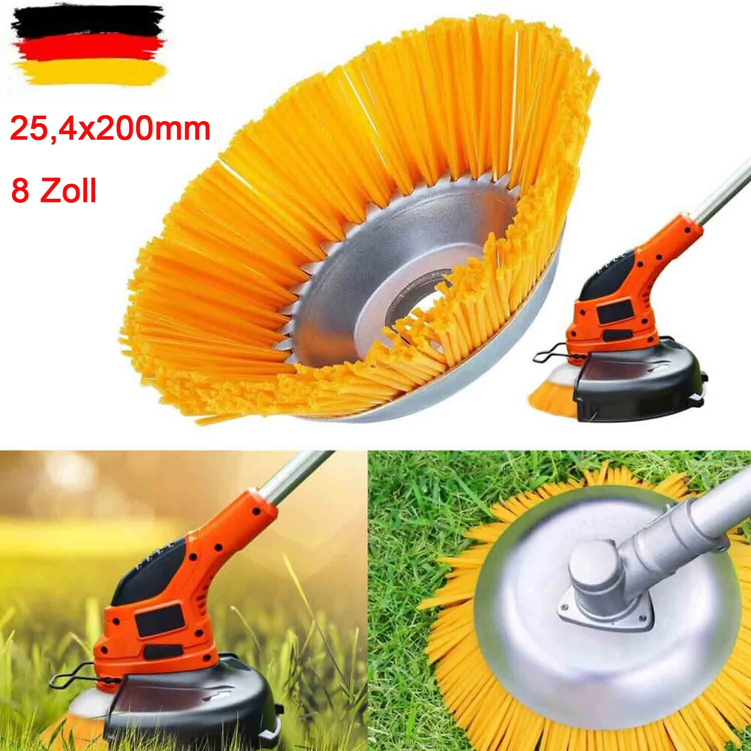 [DE DHL] 8-Zoll 25,4x200mm Unkraut-Freischneiderkopf، Rasenmazher، Universaleller Rasentrimmerkopf، rotierende Unkrautbürste