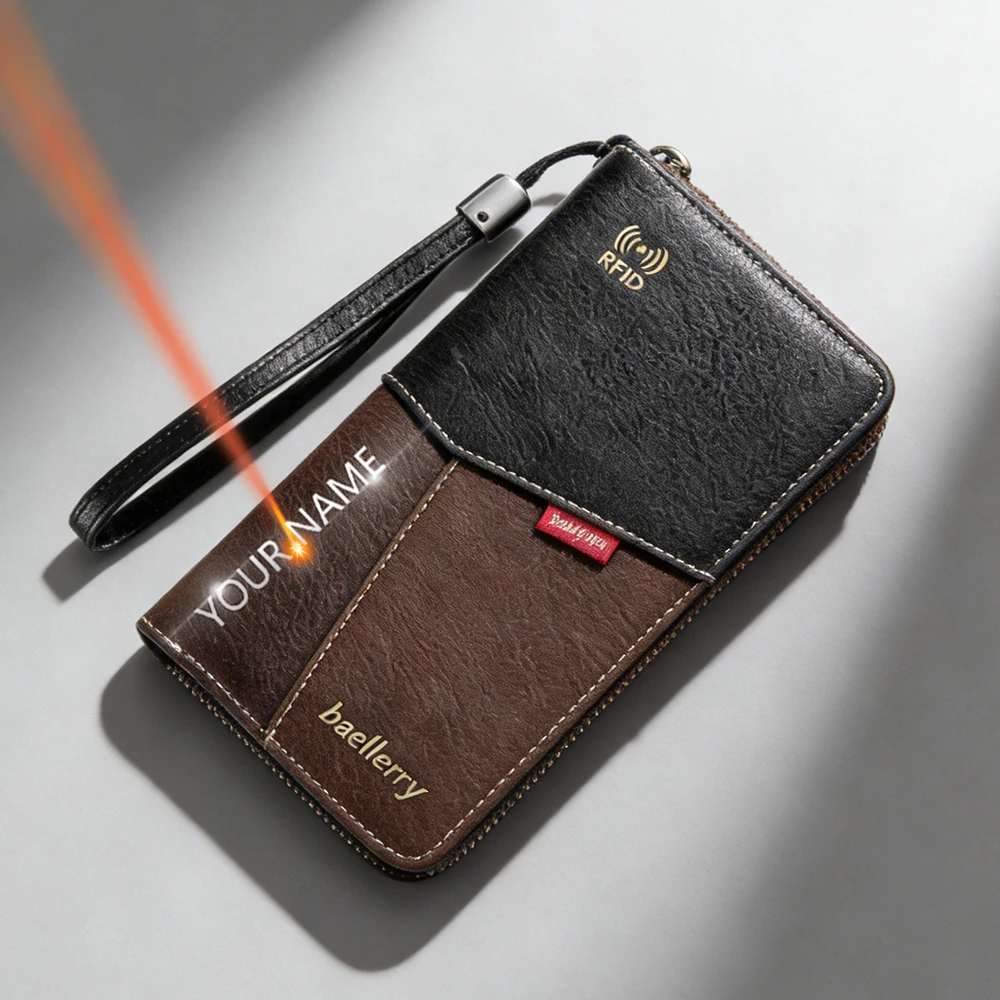 

Baellerry большая емкость мужские RFID кошельки сумки имя гравировка держатель для карт высокое качество карман для телефона на молнии мужские кошельки для монет