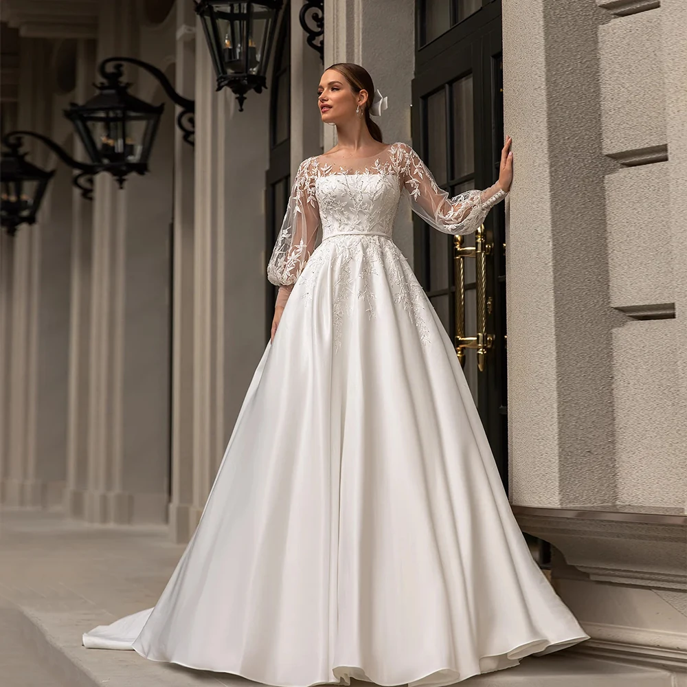 Klassische Hochzeit Kleider 2023 Frauen Oansatz Volle Hülsen Braut Kleid Satin Mit Applique Sweep Zug A-linie Nach Anlass Kleider