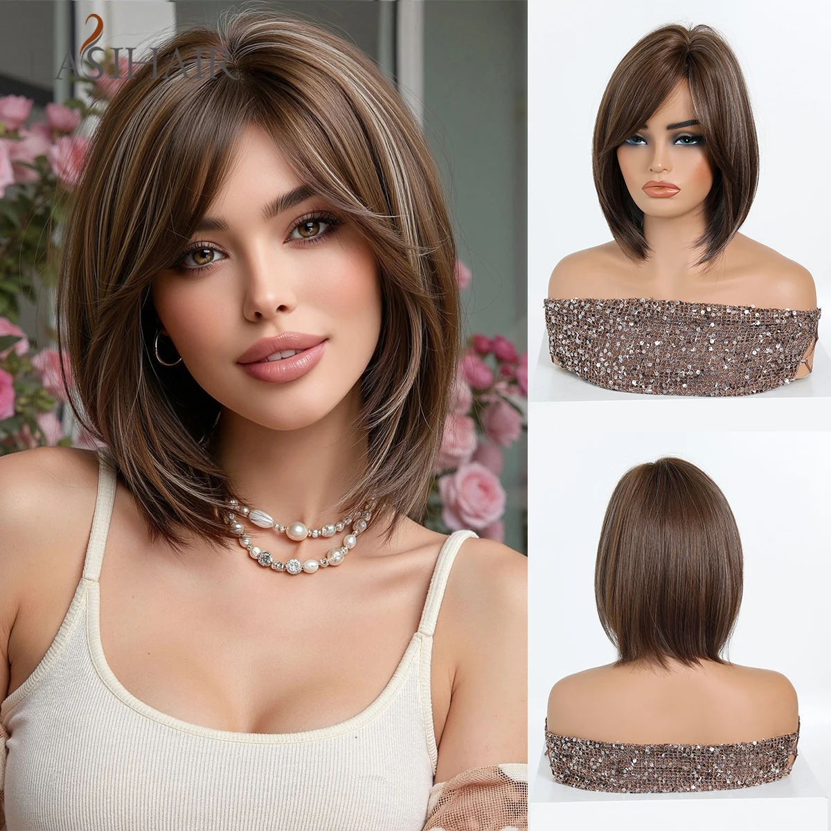 

EASIHAIR Short Straight Side Part Synthetic Wigs For Women Brown With White Highlight Bob Wigs With Bangs Lolita Daily Use Party
