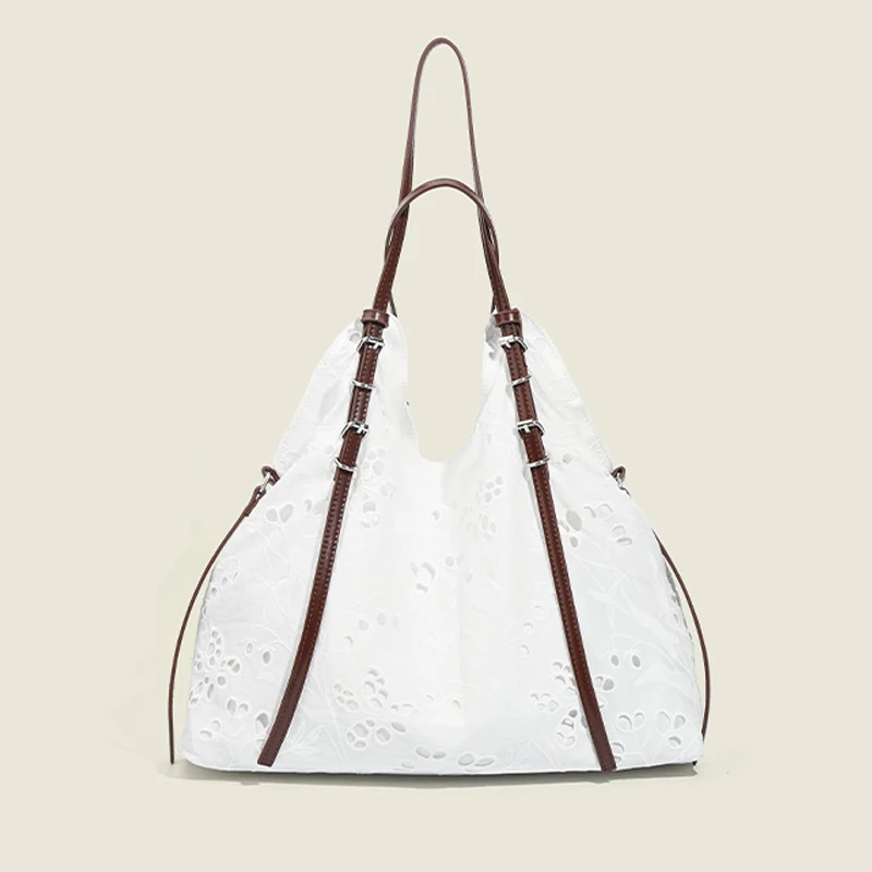 White Large Capacity Bucket Bags For Women Luxury Designer Handbag Purses 2024 New In Fashion Embroidery Lace Shopping Shoulder