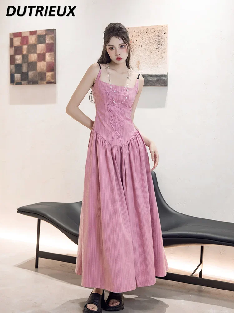 

Solod Color Casual Women's Dresses Summer 2024 New Embroidery Cotton Long Backless Elegant Sling Holiday Dress for Lady