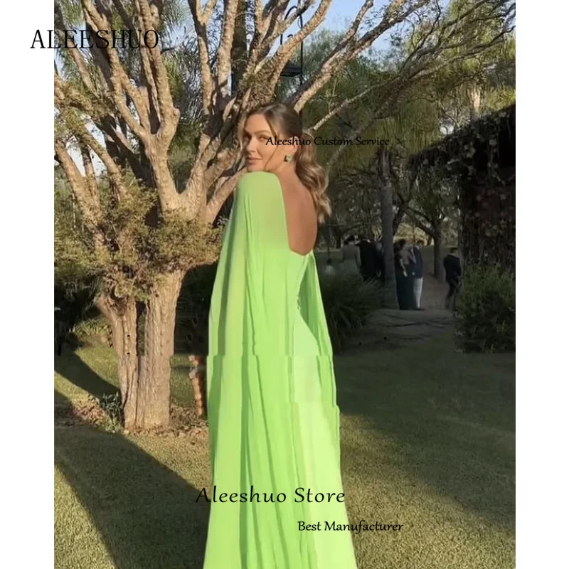 Aleeshuo Elegant Mermaid Chiffon Long Prom Dress Pleated Sexy Opne Back Evening DressSimple Cap Long Sleeves Gowns C ustomized