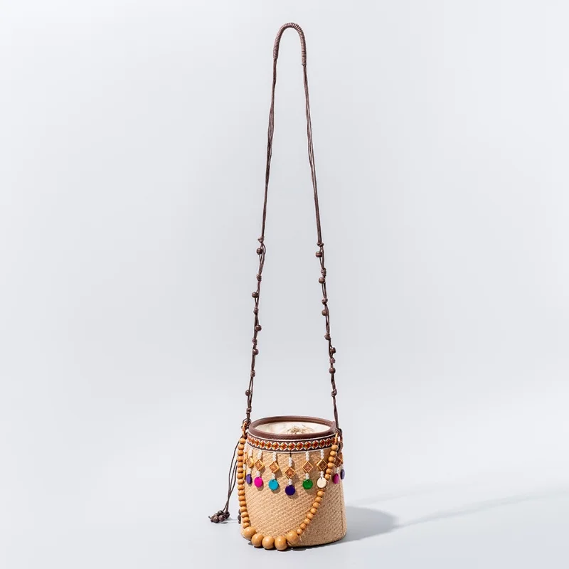 

Leisure beach vacation woven bag large capacity bucket bag beaded shoulder handbag