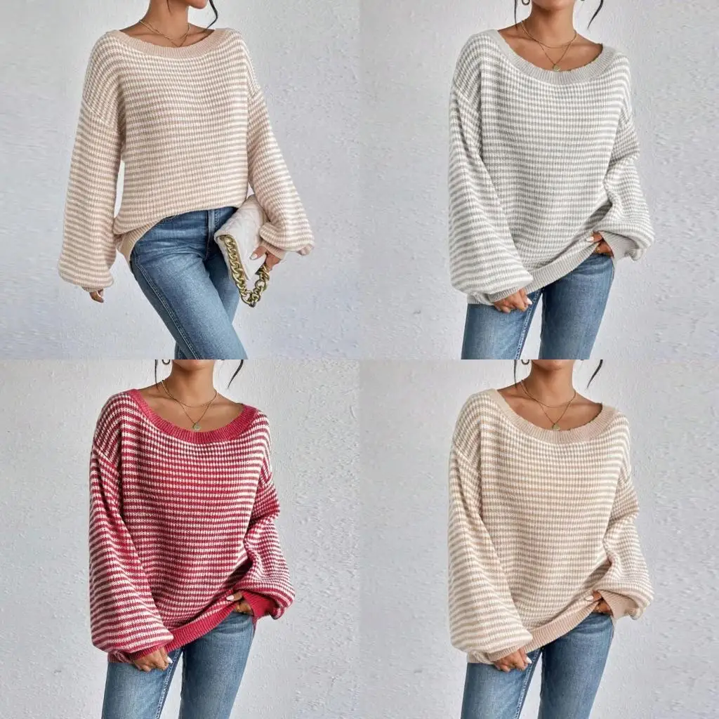 

72XE Casual Women Knit Pullover Long Sleeve Striped Sweater Oversized Comfortable Loose styles