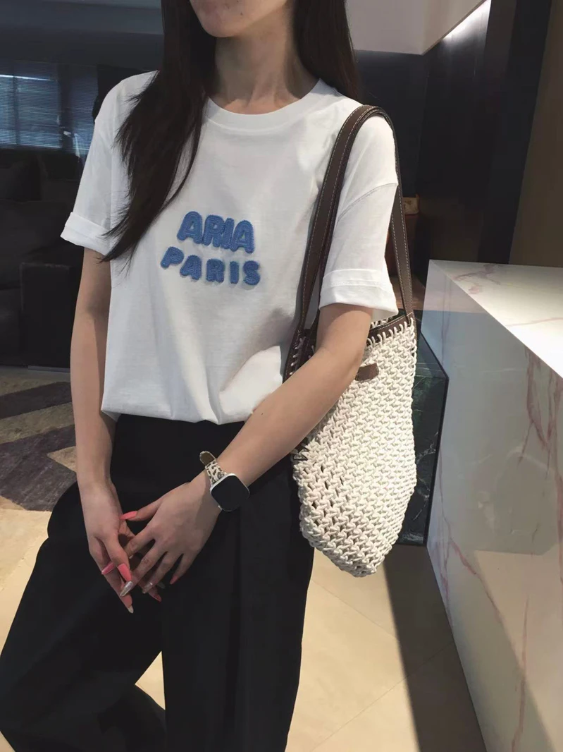 

Cuijia Handmade Embroidered Cotton ort Sve Basic T-irt Lightweight Comfortable Women's Casual round Ne Top