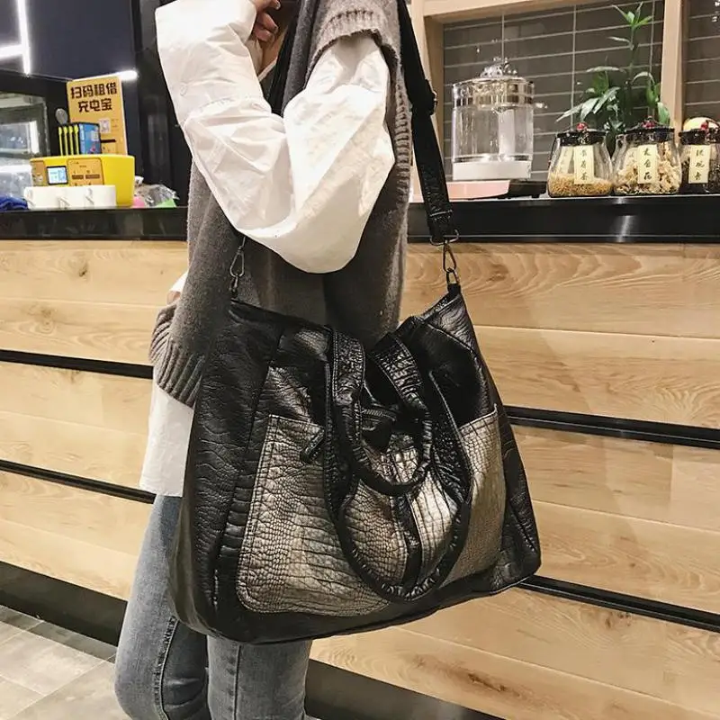 Big Soft Leather Bag For Women Large Capacity Crocodile Travel Handbags High Quality PU Casual Shopper Female Vintage Hobo Bags