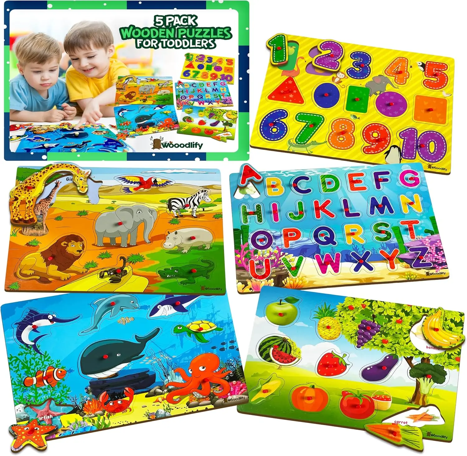 

5 Pack Wooden Puzzles for Toddlers 1-3 - Colorful Chunky Peg Puzzles - Educational Montessori Toys for Kids Ages 2-4