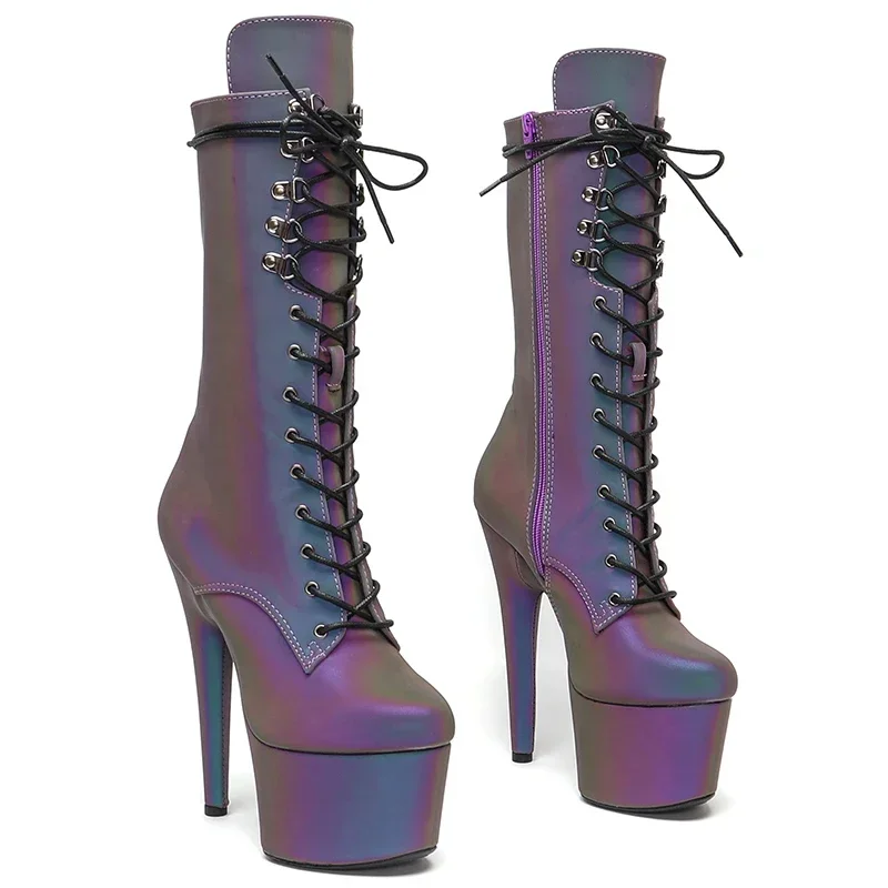 Leecabe 17CM/7inches PU upper Reflective material Pole dancing shoes High Heel platform Boots Pole Dance boot