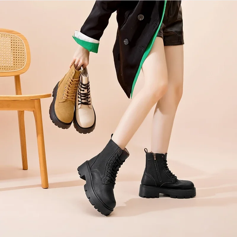 AIYUQI Short Boots Women Genuine Leather 2026 New Winter British Style Women Ankle Boots Platform With Fur Snow Boots Women