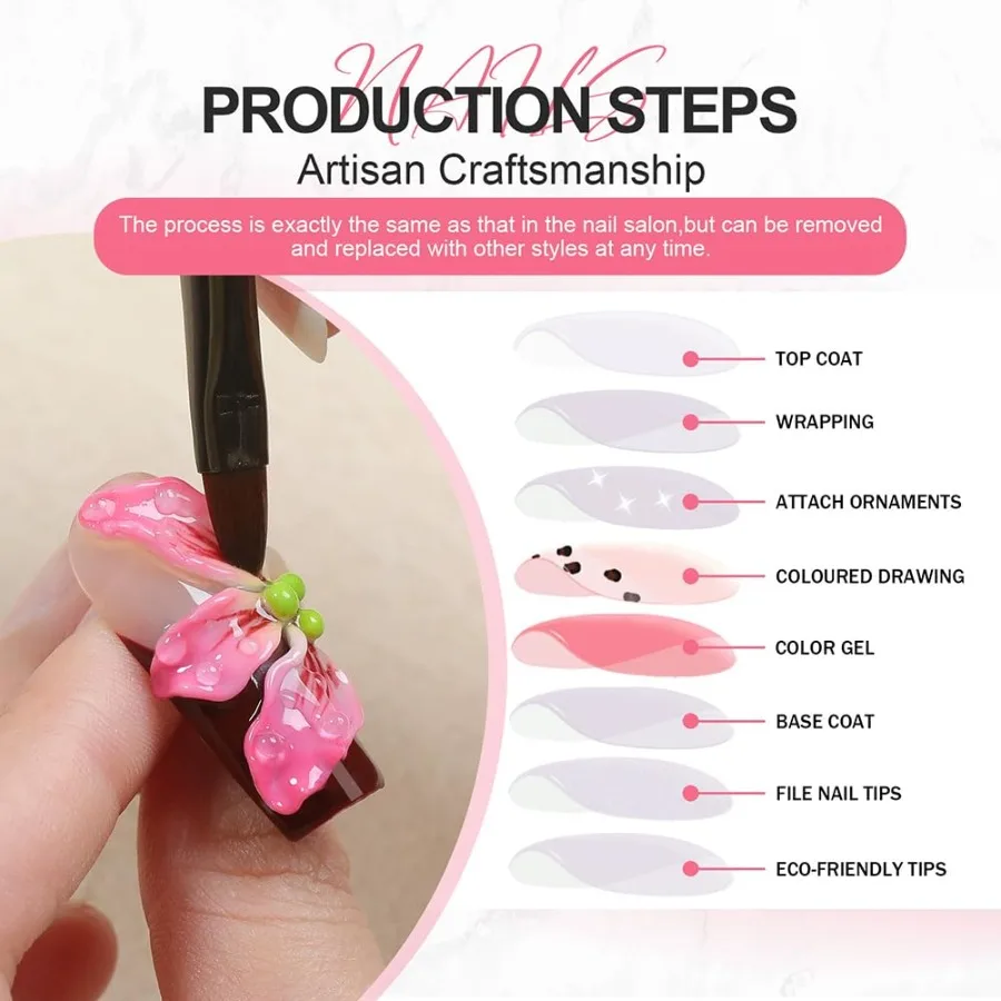 اضغط يدويًا على الأظافر على شكل اللوز مع تصميمات زهور ثلاثية الأبعاد ولمسات لامعة وردية للنساء أظافر صناعية أنيقة ذات طرف فرنسي Se