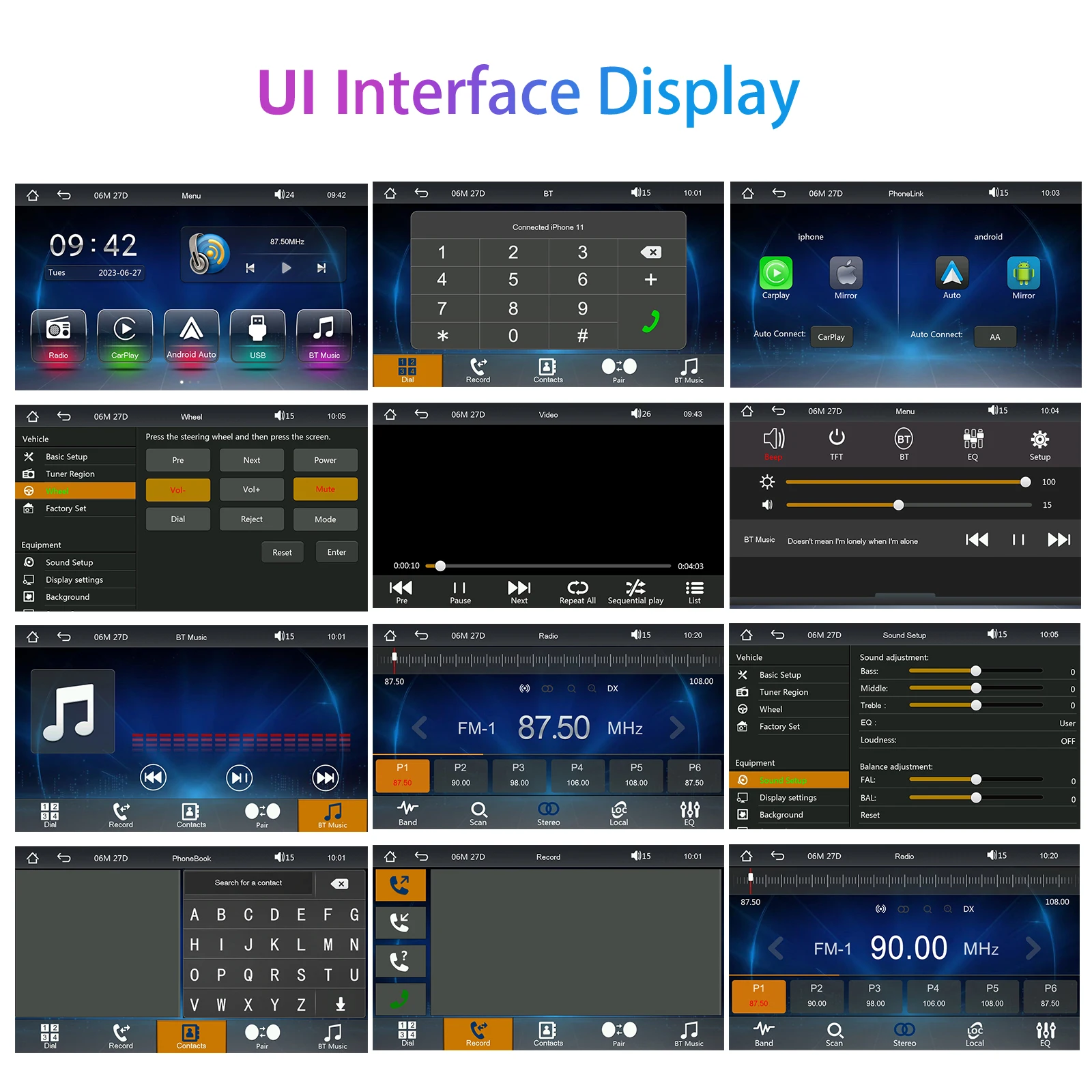 Podofo 1Din 7'' Auto-Multimediaplayer Kabelloses Carplay Android Auto Mirror Link Universeller Auto-MP5-Player Bluetooth FM DVR AUX-IN – Detail 6